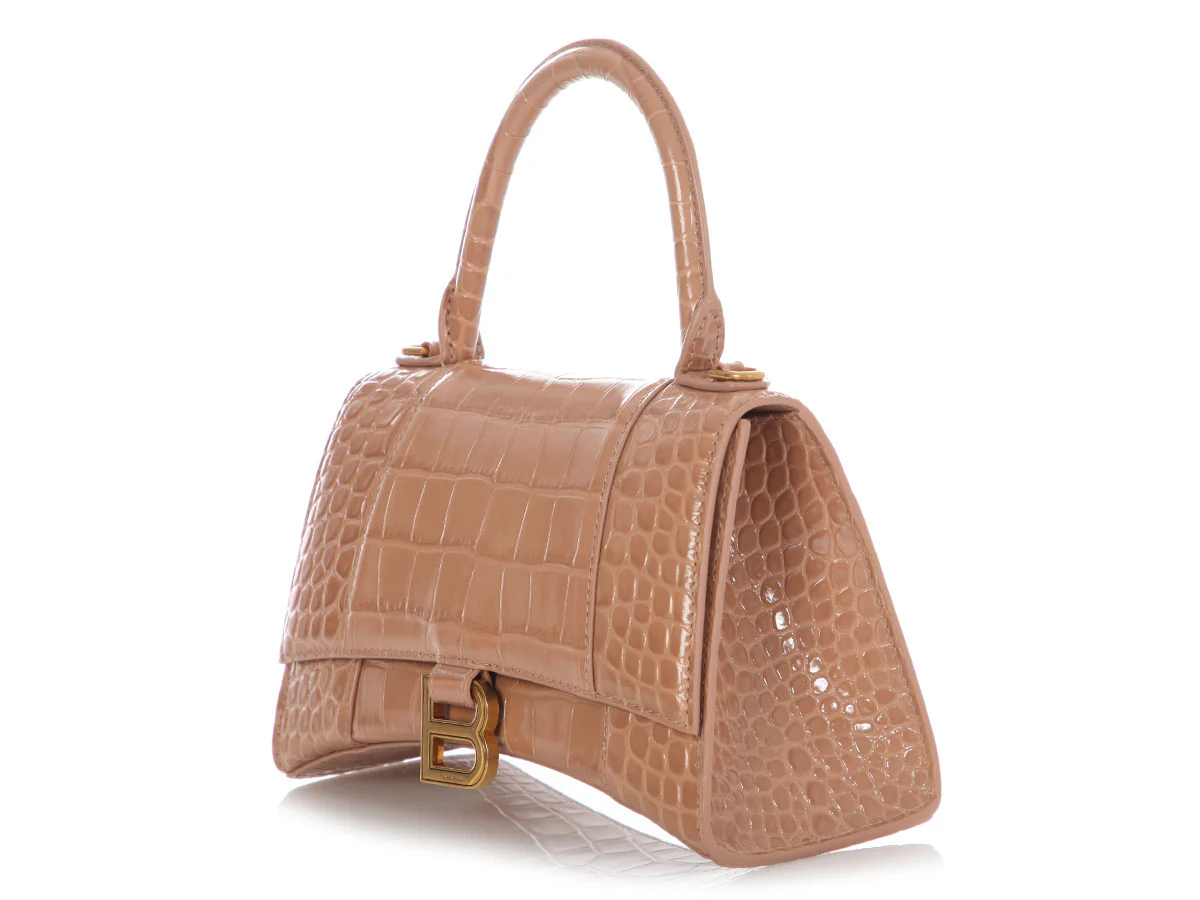 Balenciaga Small Beige Crocodile Embossed Hourglass Bag - Image 4