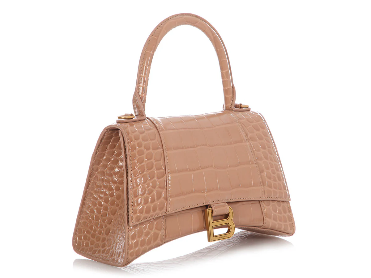 Balenciaga Small Beige Crocodile Embossed Hourglass Bag - Image 6