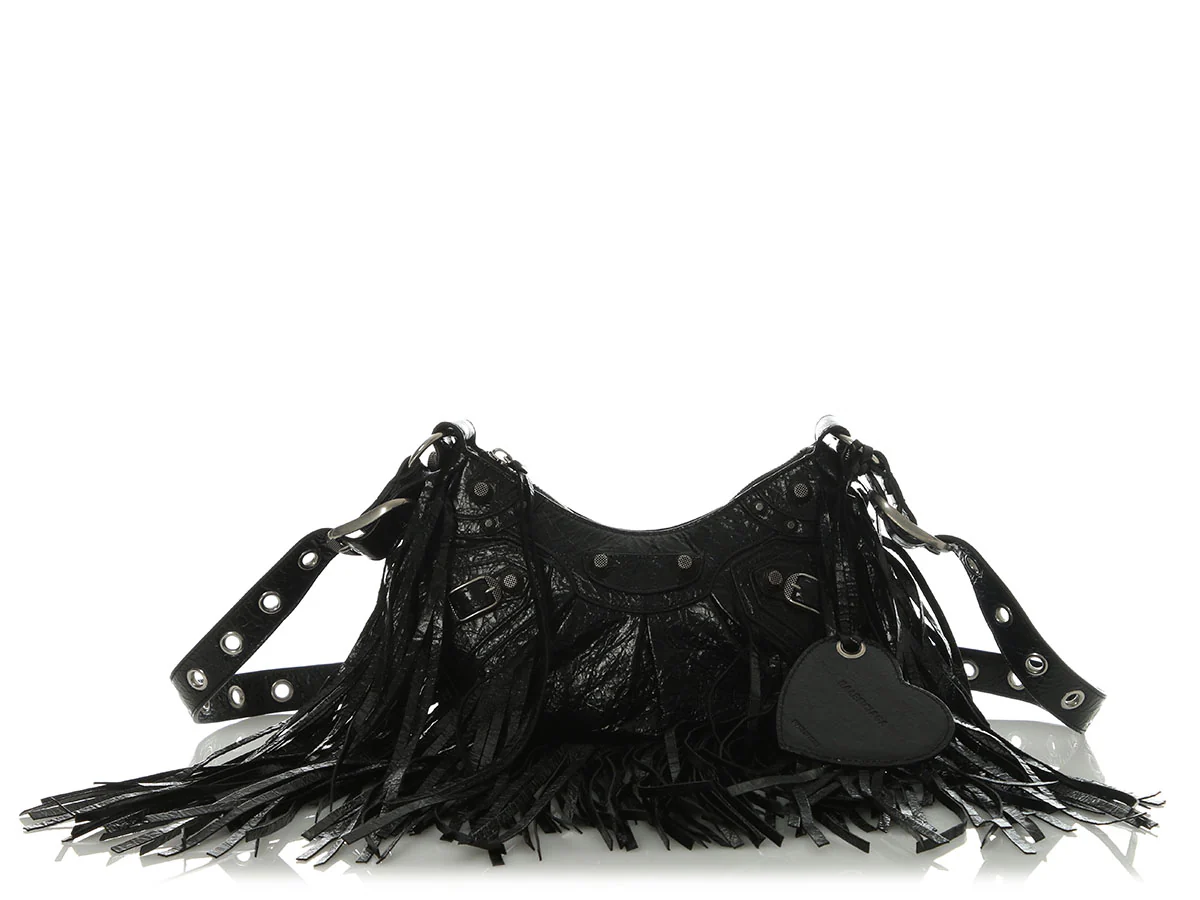 Balenciaga Black Lambskin Le Cagole Fringed Shoulder Bag XS