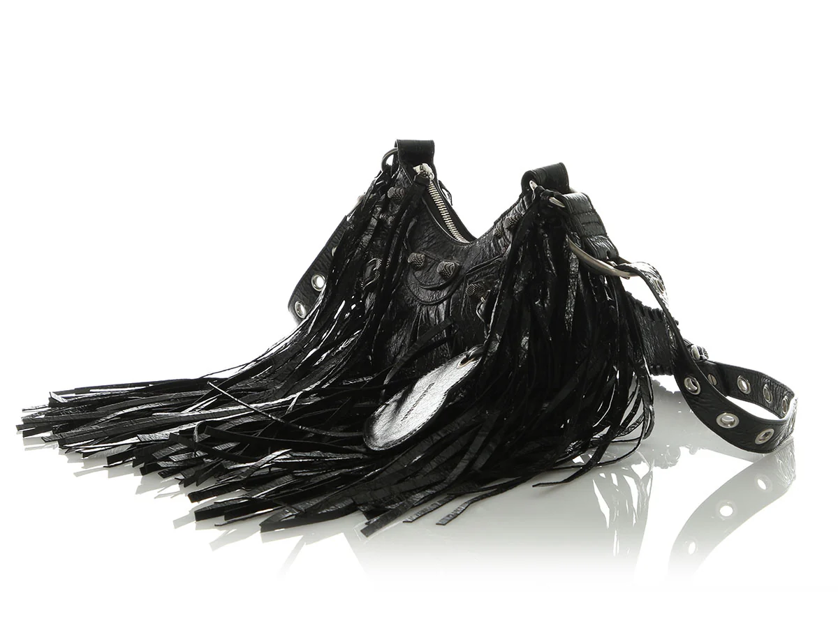 Balenciaga Black Lambskin Le Cagole Fringed Shoulder Bag XS - Image 3