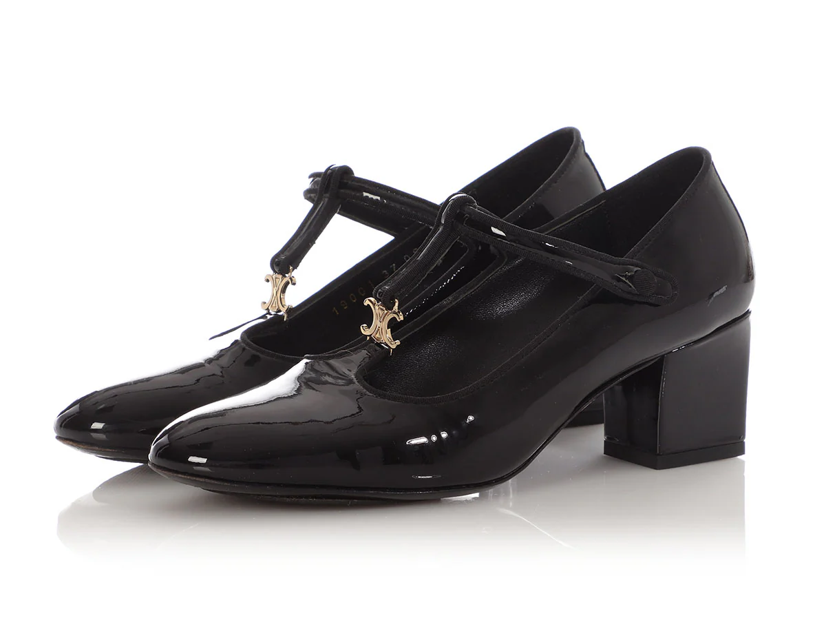 Celine Black Patent Babies T-Bar Pumps - Image 3