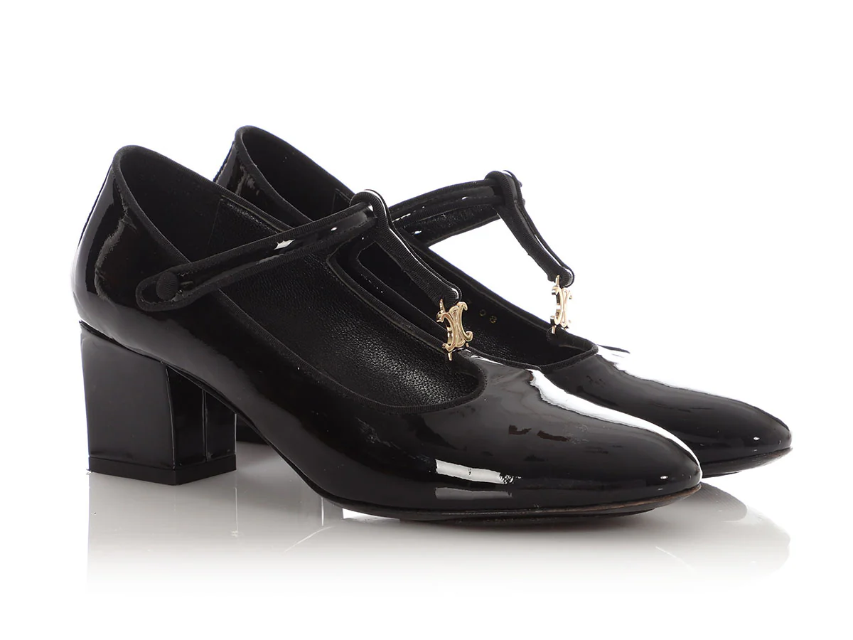 Celine Black Patent Babies T-Bar Pumps - Image 5