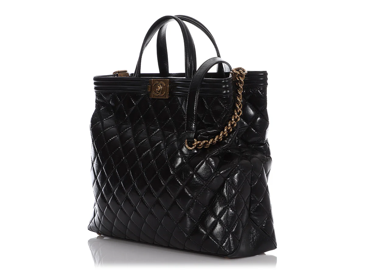 Chanel Large Black Quilted Glazed Calfskin Boy Shopping Tote - Image 3