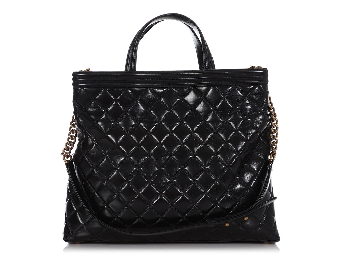 Chanel Large Black Quilted Glazed Calfskin Boy Shopping Tote - Image 4
