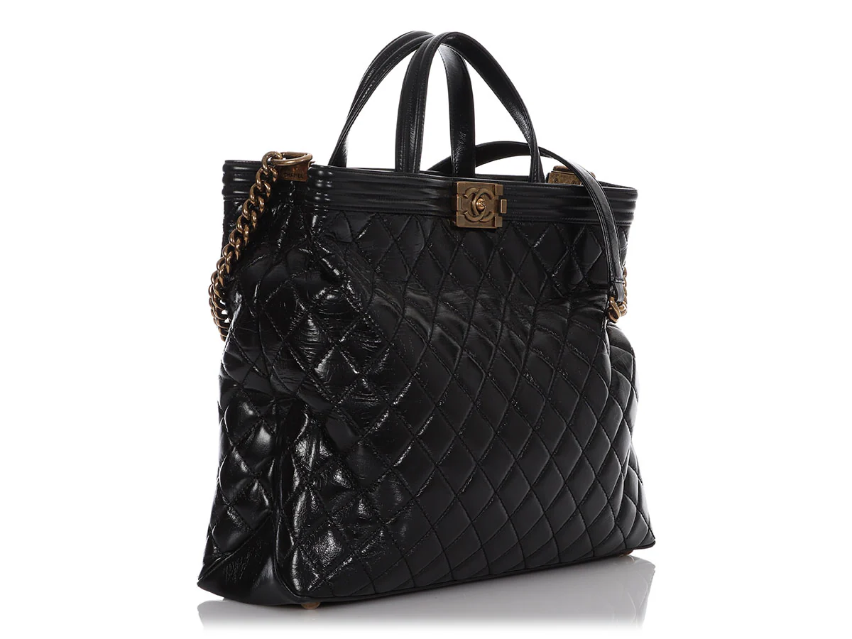 Chanel Large Black Quilted Glazed Calfskin Boy Shopping Tote - Image 5