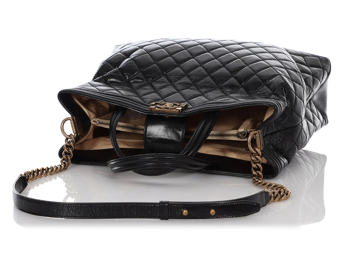 Chanel Large Black Quilted Glazed Calfskin Boy Shopping Tote - Image 7