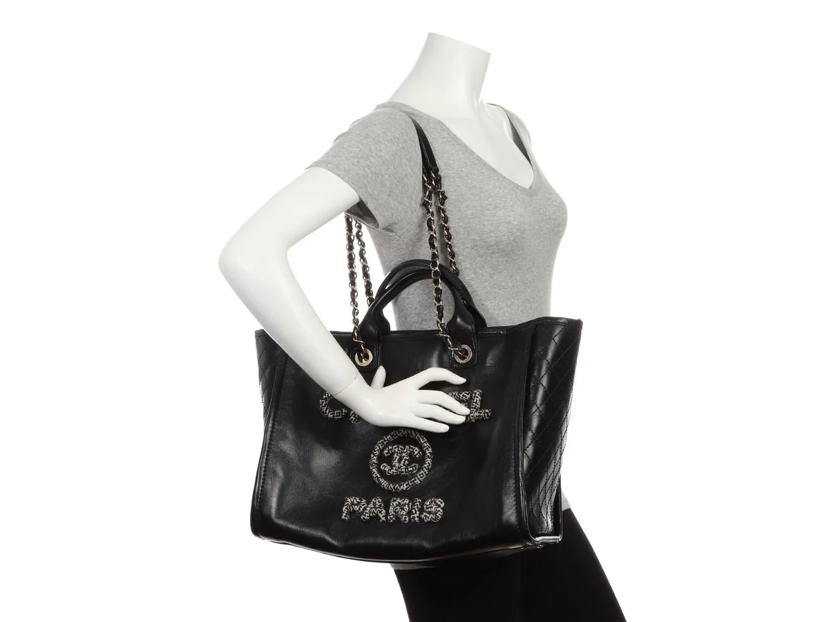 Chanel Large Black Leather Calfskin and Tweed Deauville Tote - Image 10