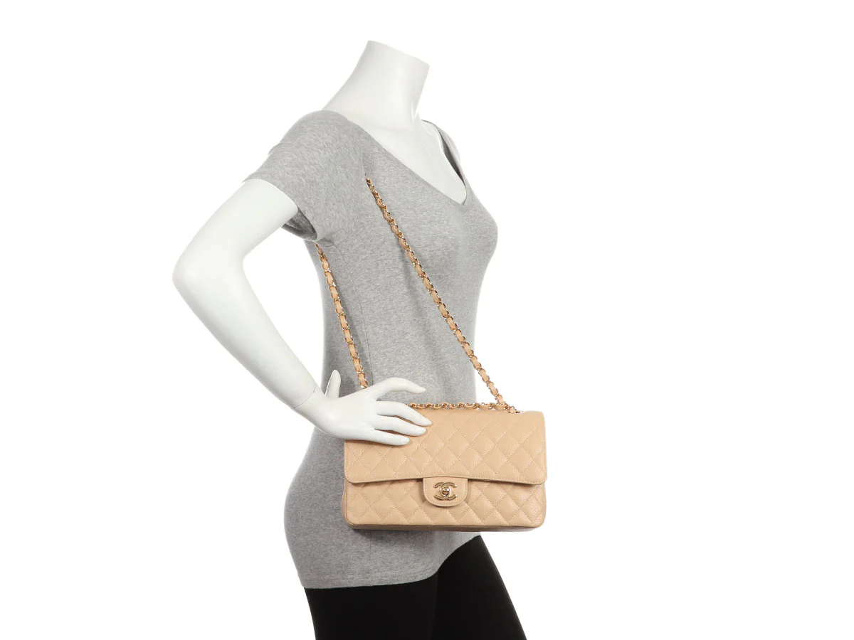 Chanel Medium/Large Beige Quilted Caviar Classic Double Flap - Image 10