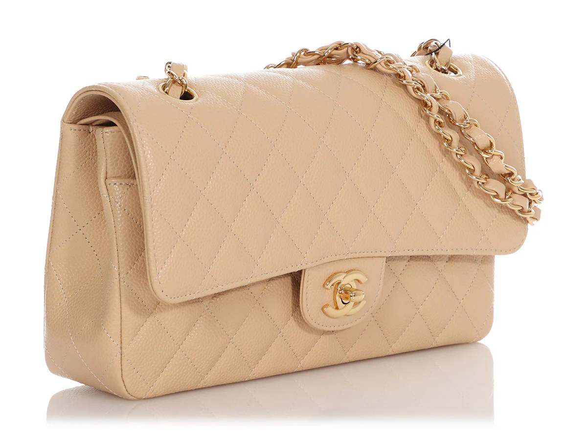 Chanel Medium/Large Beige Quilted Caviar Classic Double Flap - Image 6