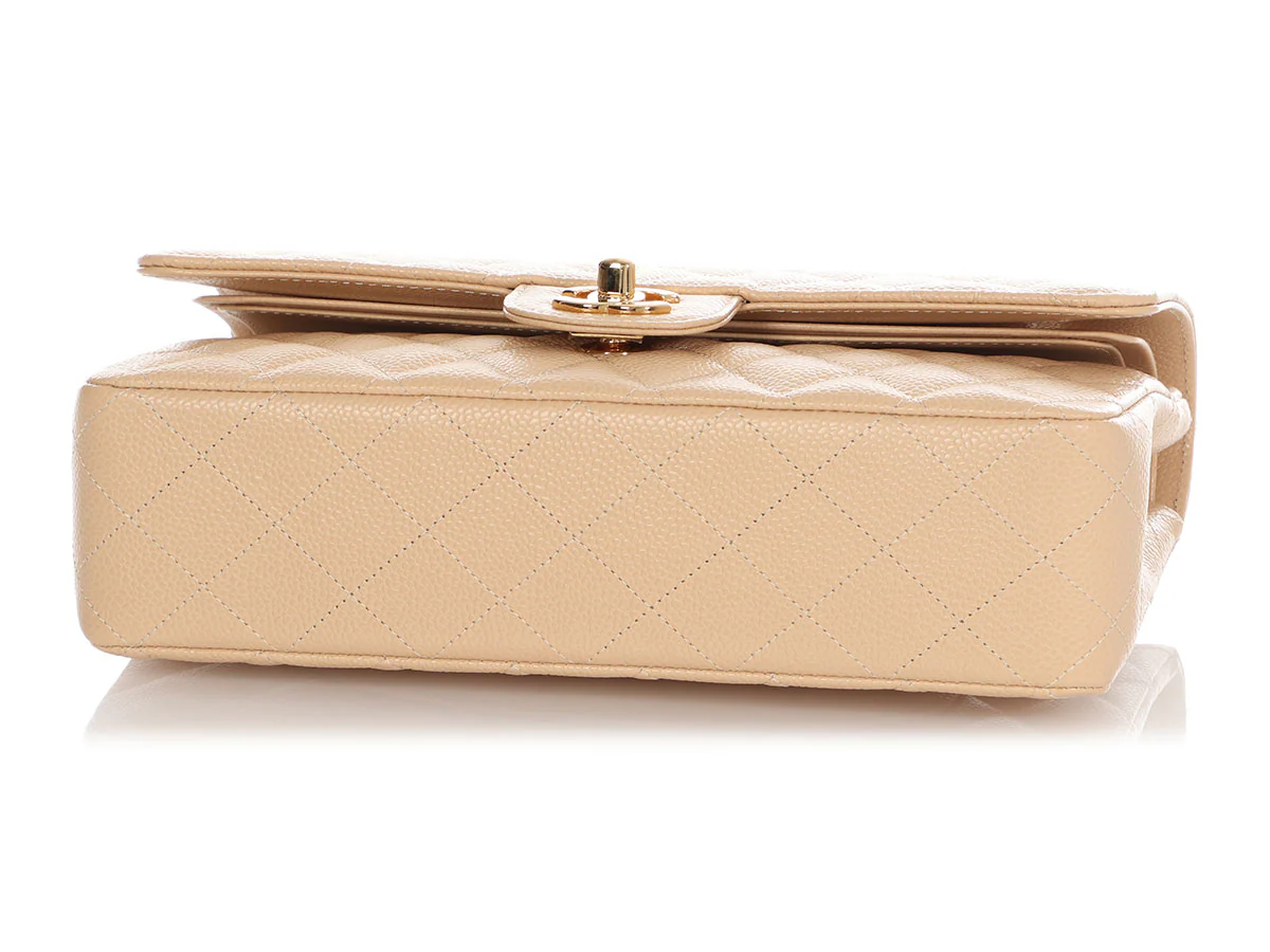Chanel Medium/Large Beige Quilted Caviar Classic Double Flap - Image 7