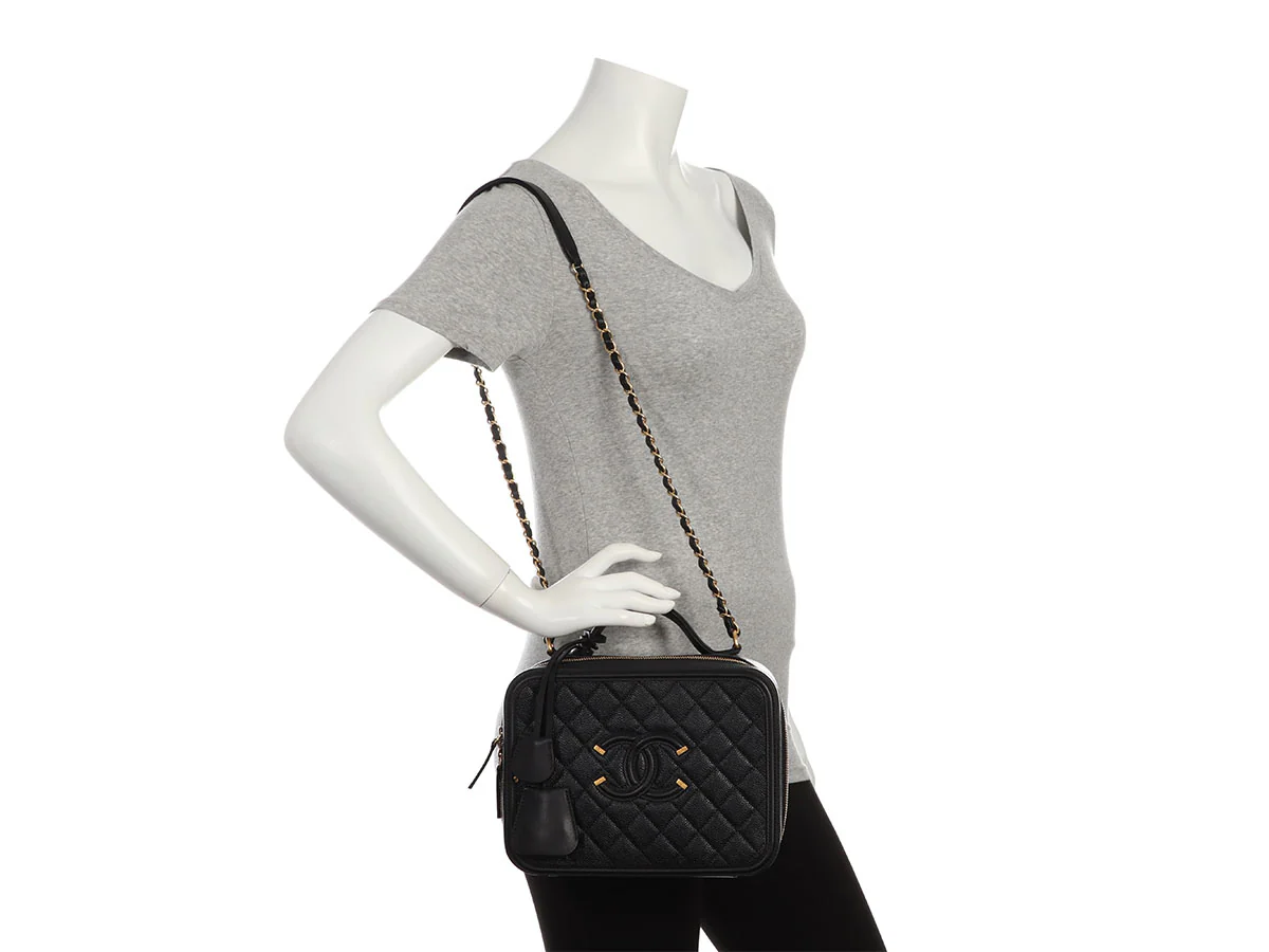 Chanel Large Black Part-Quilted Caviar Filigree Vanity Case - Image 10