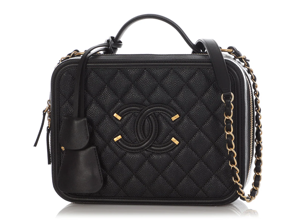 Chanel Large Black Part-Quilted Caviar Filigree Vanity Case - Image 3