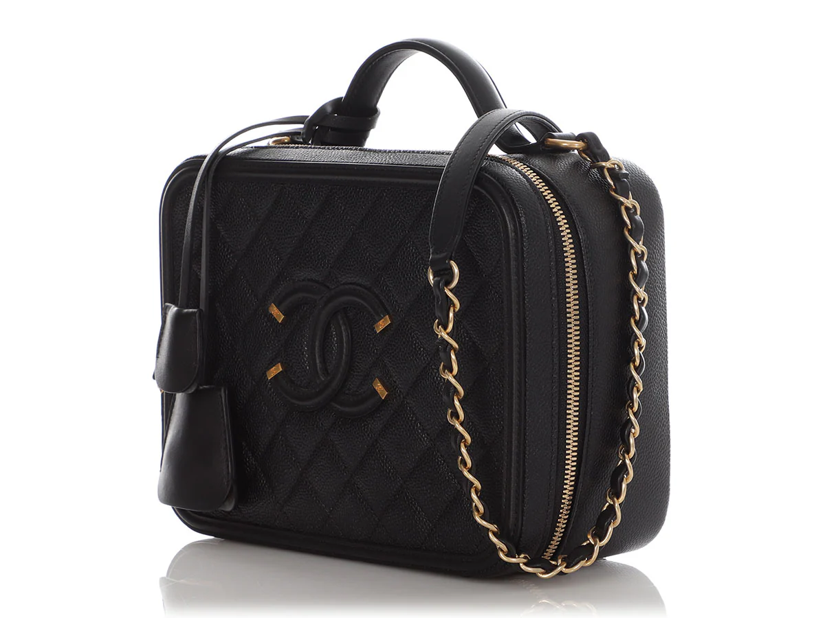 Chanel Large Black Part-Quilted Caviar Filigree Vanity Case - Image 4