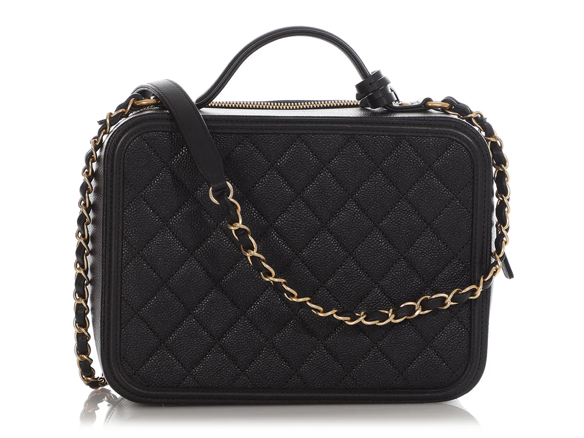 Chanel Large Black Part-Quilted Caviar Filigree Vanity Case - Image 5