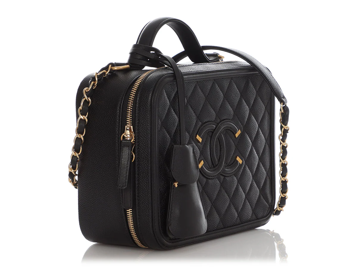Chanel Large Black Part-Quilted Caviar Filigree Vanity Case - Image 6