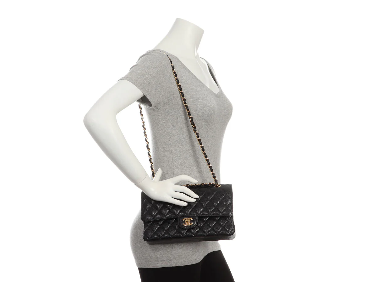 Chanel Medium/Large Black Quilted Caviar Classic Double Flap - Image 10