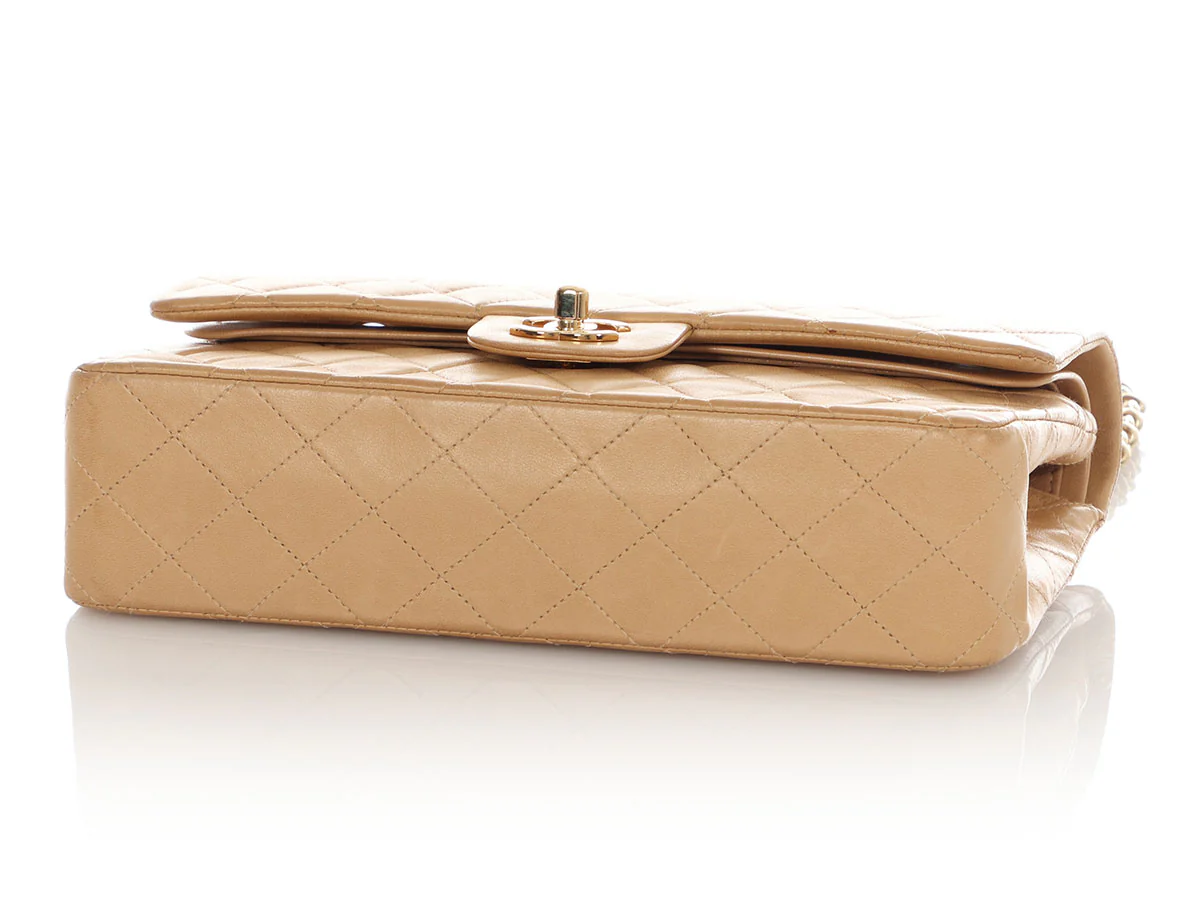 Chanel Vintage Medium/Large Beige Quilted Lambskin Classic Double Flap - Image 6
