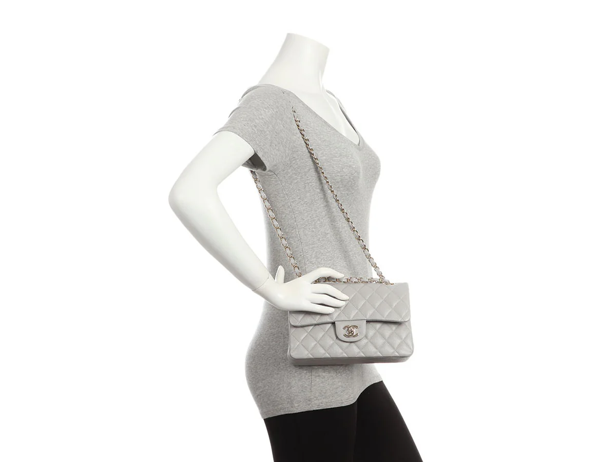 Chanel Small Light Gray Quilted Caviar Classic Double Flap - Image 10
