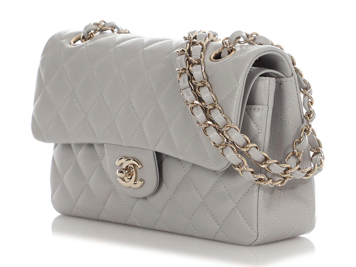 Chanel Small Light Gray Quilted Caviar Classic Double Flap - Image 4