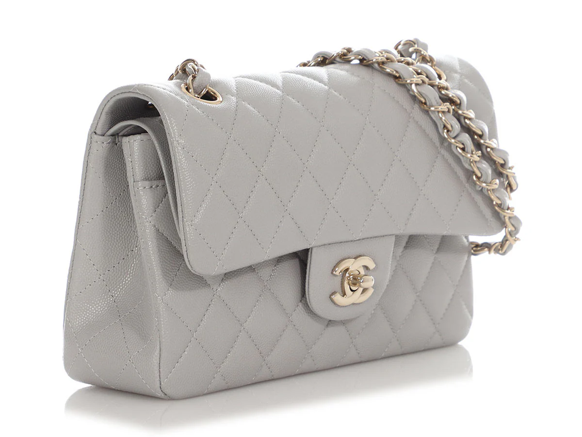 Chanel Small Light Gray Quilted Caviar Classic Double Flap - Image 6