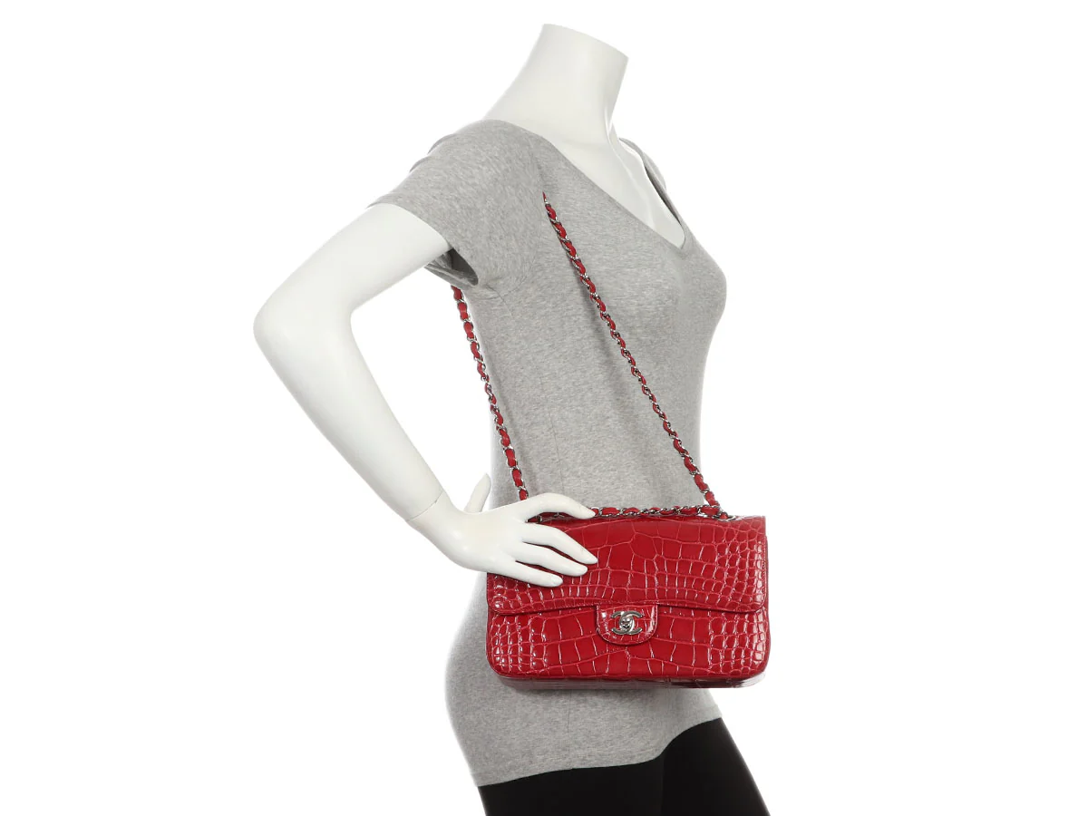 Chanel Medium/Large Red Shiny Alligator Classic Double Flap - Image 10