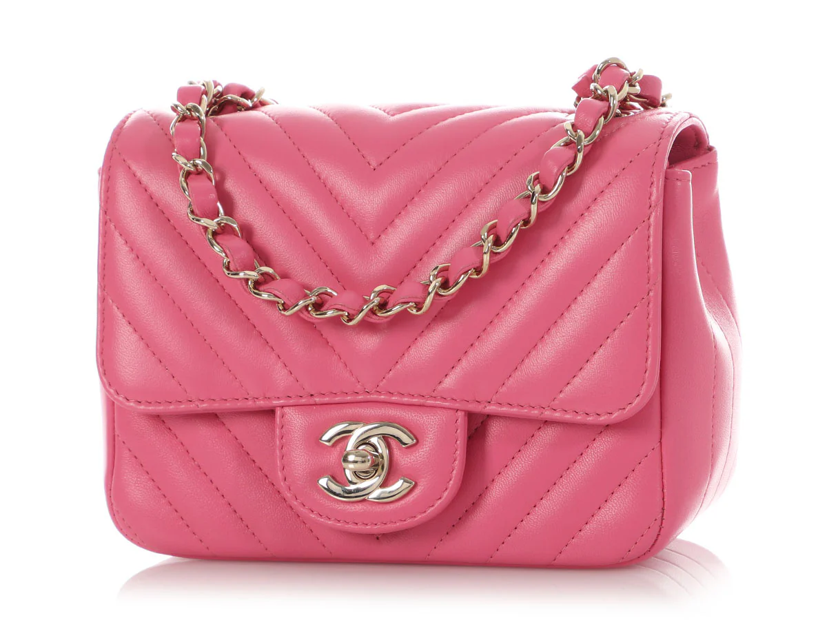 Chanel Mini Pink Chevron-Quilted Lambskin Classic - Image 3