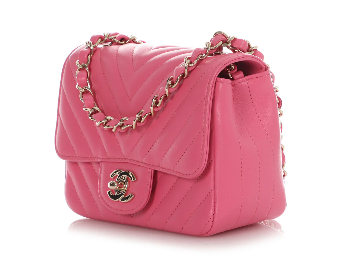 Chanel Mini Pink Chevron-Quilted Lambskin Classic - Image 4