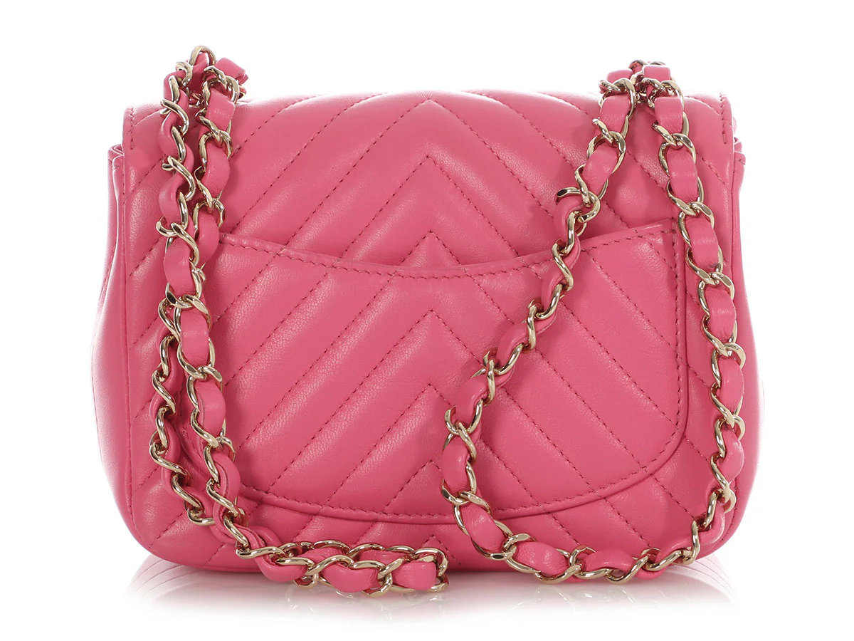 Chanel Mini Pink Chevron-Quilted Lambskin Classic - Image 5
