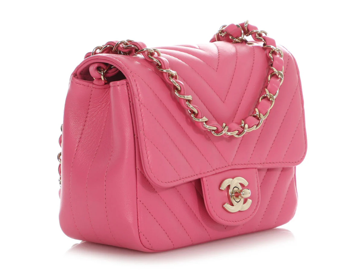 Chanel Mini Pink Chevron-Quilted Lambskin Classic - Image 6
