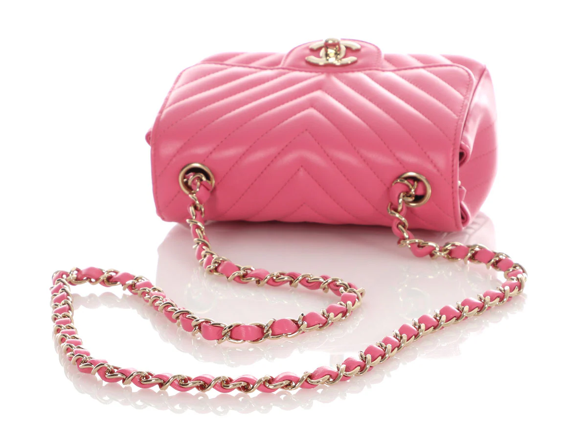 Chanel Mini Pink Chevron-Quilted Lambskin Classic - Image 8