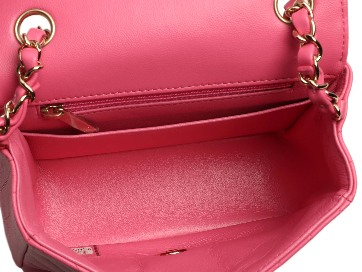 Chanel Mini Pink Chevron-Quilted Lambskin Classic - Image 9