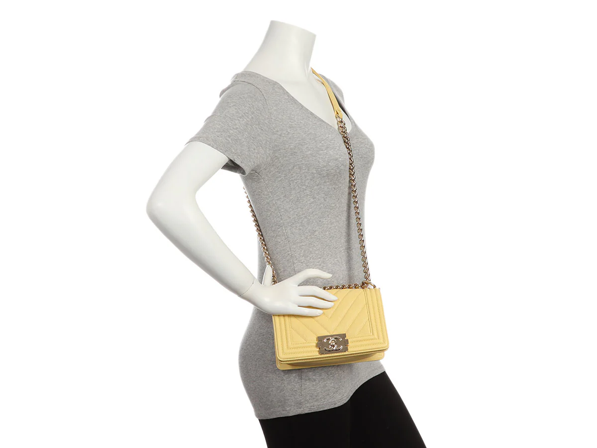 Chanel Small Yellow Chevron-Quilted Caviar Boy Bag - Image 11