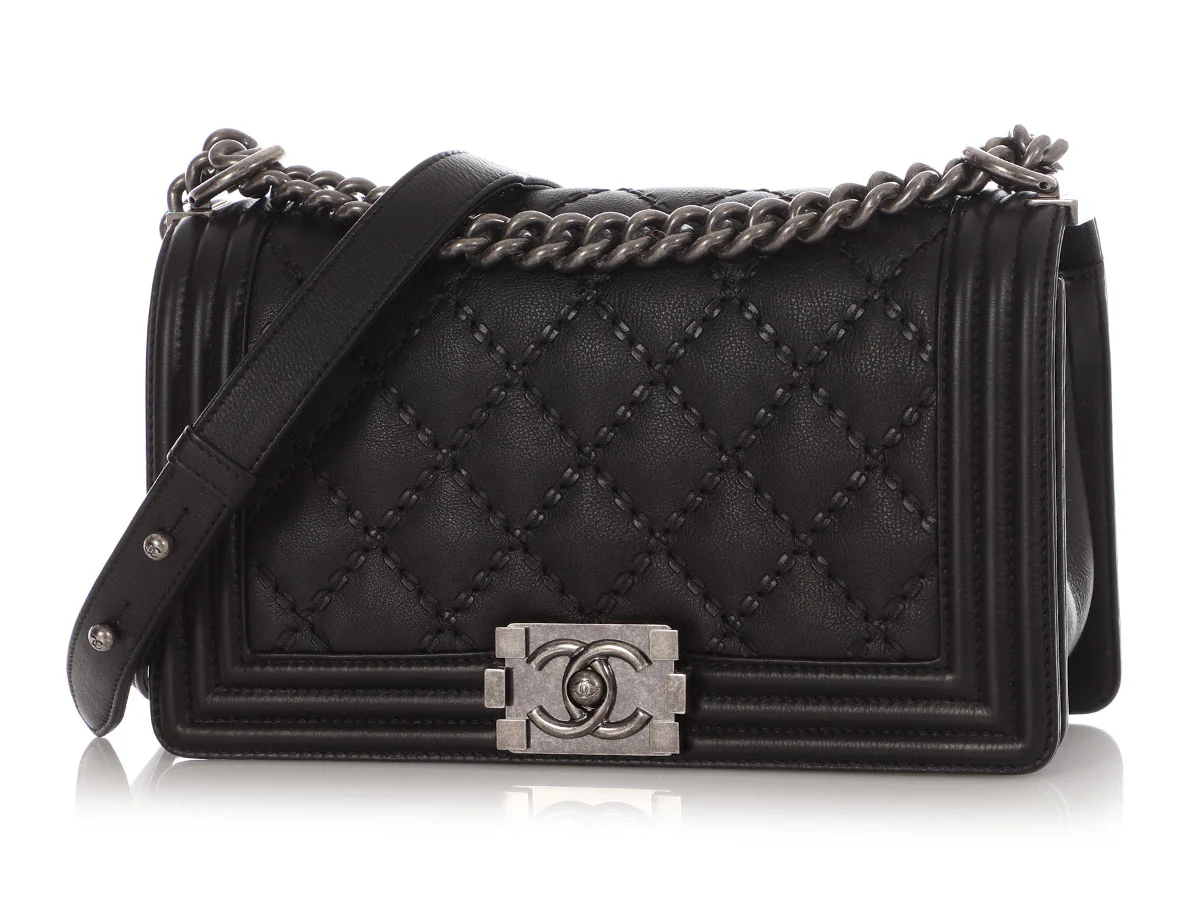 Chanel Old Medium Black Quilted Calfskin Double Stitch Boy Bag - Image 3