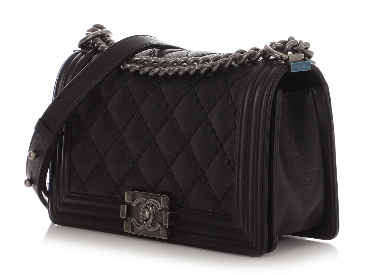 Chanel Old Medium Black Quilted Calfskin Double Stitch Boy Bag - Image 4