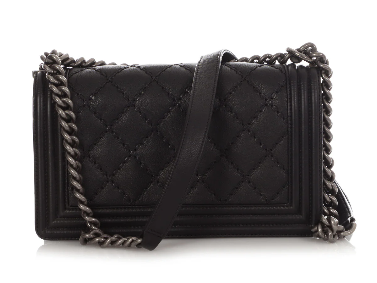 Chanel Old Medium Black Quilted Calfskin Double Stitch Boy Bag - Image 5