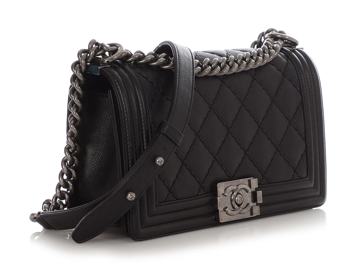 Chanel Old Medium Black Quilted Calfskin Double Stitch Boy Bag - Image 6