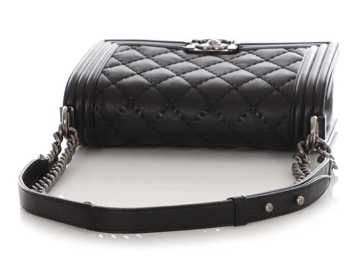 Chanel Old Medium Black Quilted Calfskin Double Stitch Boy Bag - Image 8