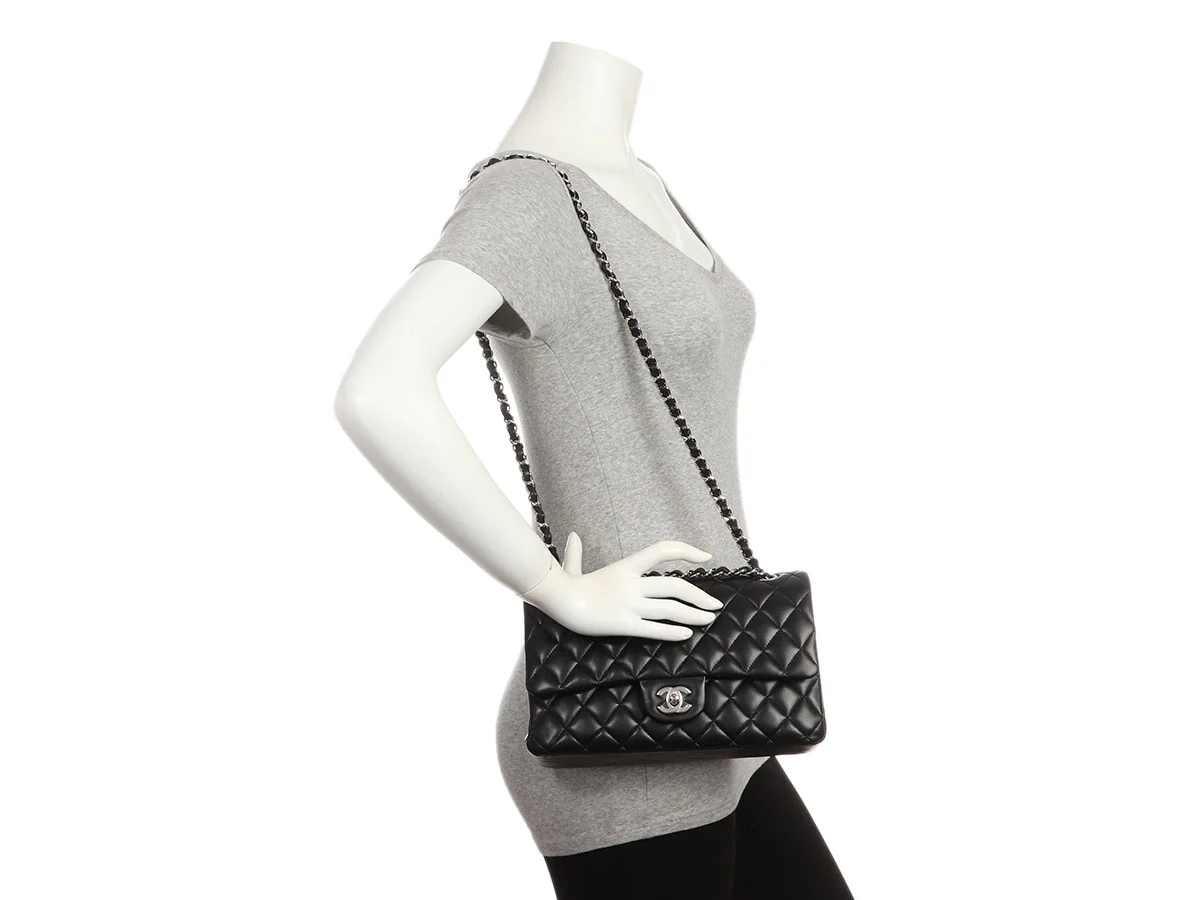 Chanel Medium/Large Black Quilted Lambskin Classic Double Flap - Image 10
