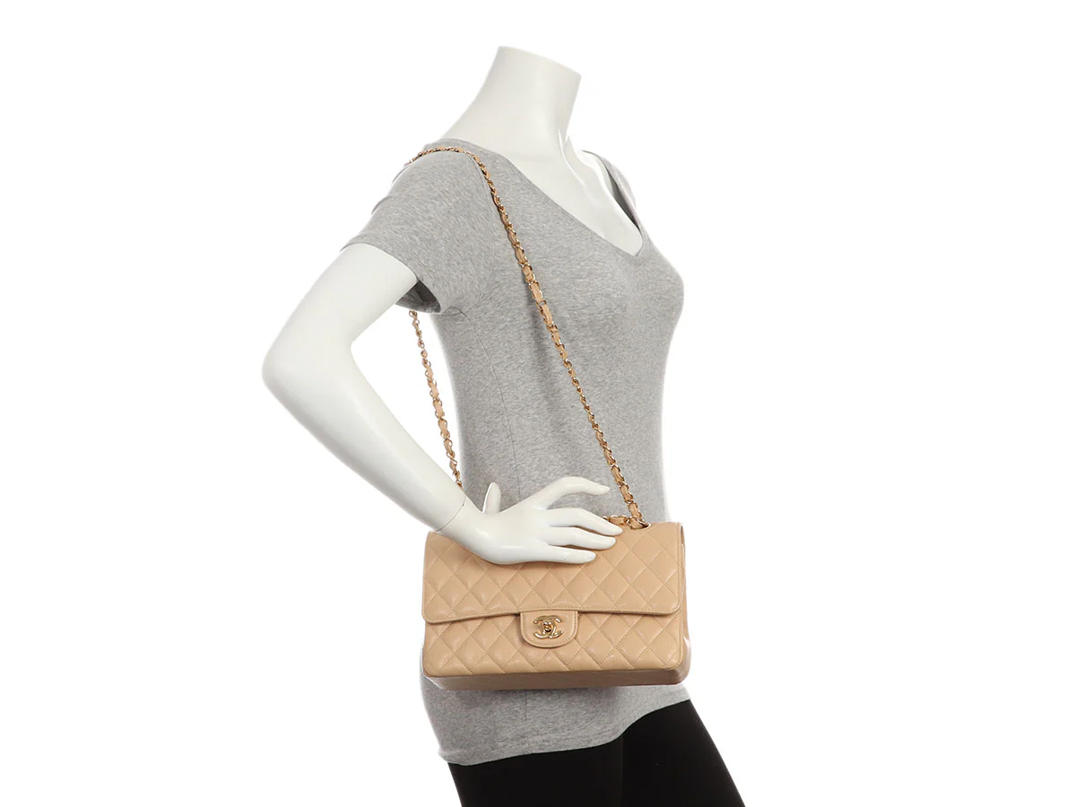 Chanel Medium/Large Beige Claire Quilted Caviar Classic Double Flap - Image 10