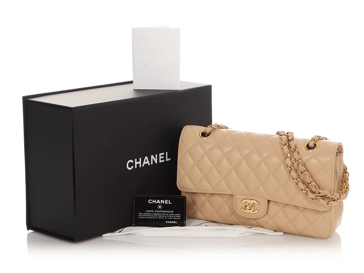 Chanel Medium/Large Beige Claire Quilted Caviar Classic Double Flap - Image 2