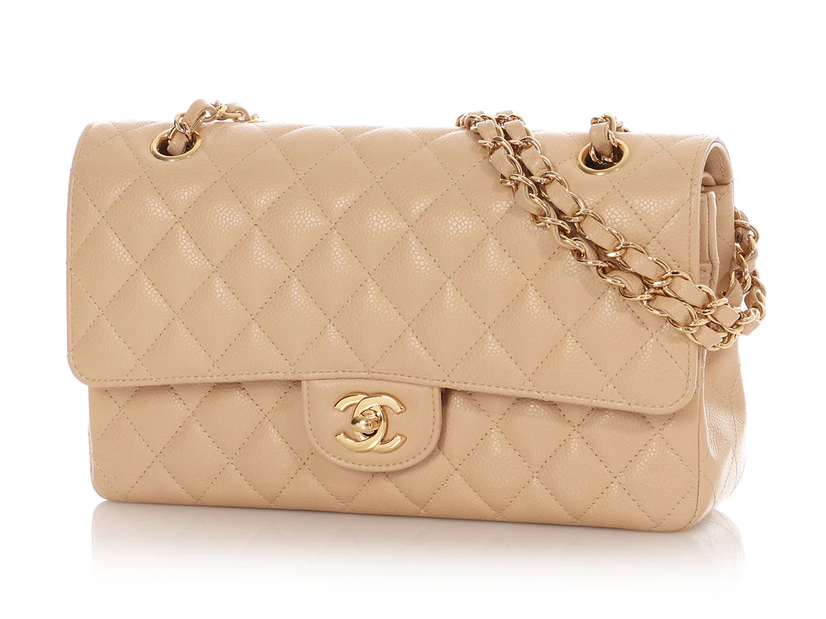 Chanel Medium/Large Beige Claire Quilted Caviar Classic Double Flap - Image 3