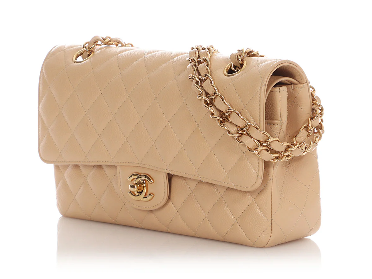 Chanel Medium/Large Beige Claire Quilted Caviar Classic Double Flap - Image 4