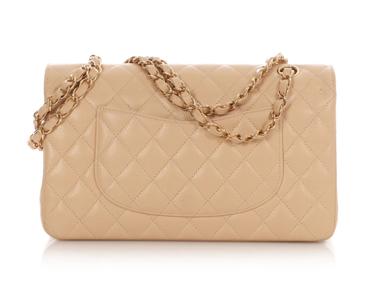 Chanel Medium/Large Beige Claire Quilted Caviar Classic Double Flap - Image 5