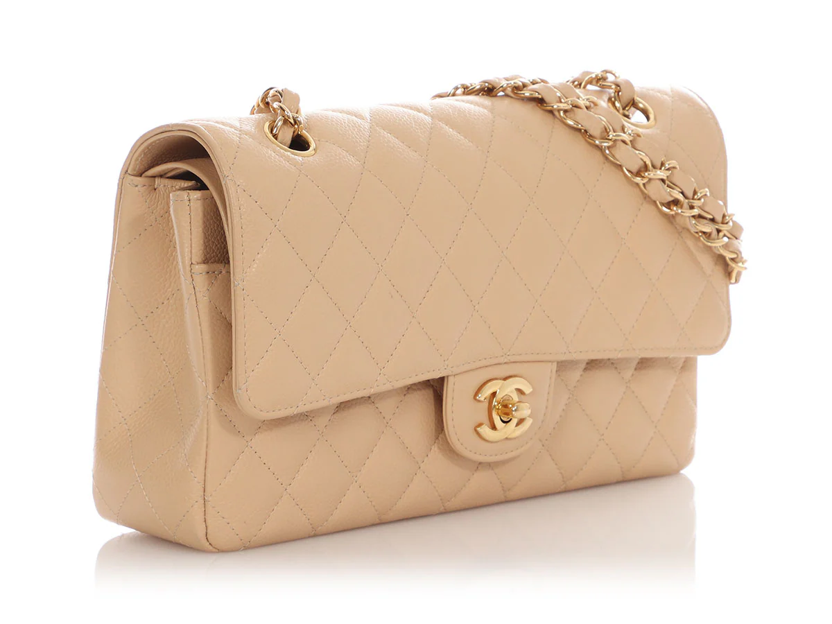 Chanel Medium/Large Beige Claire Quilted Caviar Classic Double Flap - Image 6