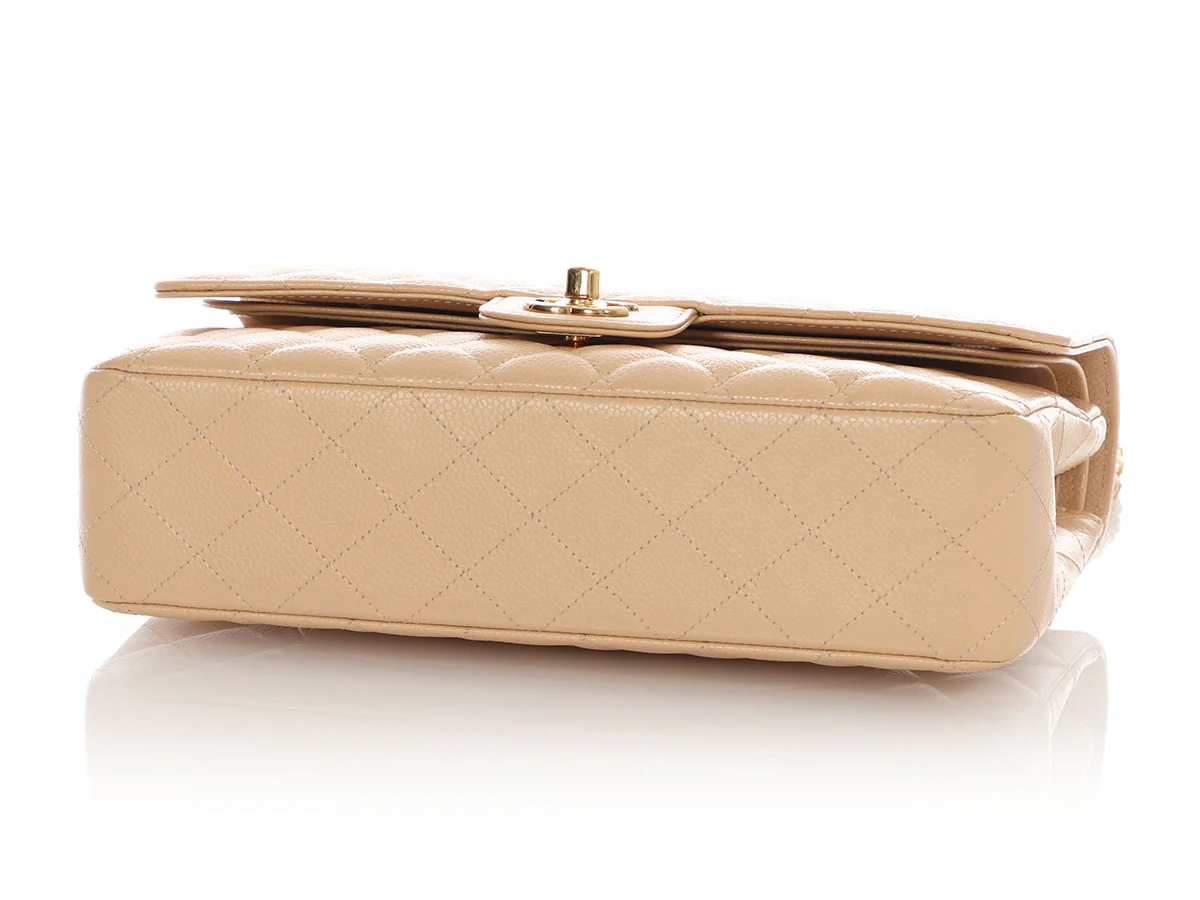 Chanel Medium/Large Beige Claire Quilted Caviar Classic Double Flap - Image 7