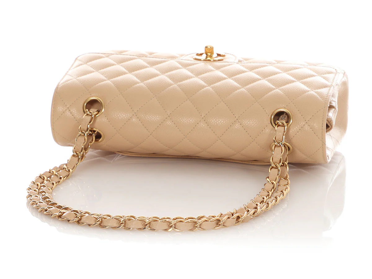 Chanel Medium/Large Beige Claire Quilted Caviar Classic Double Flap - Image 8