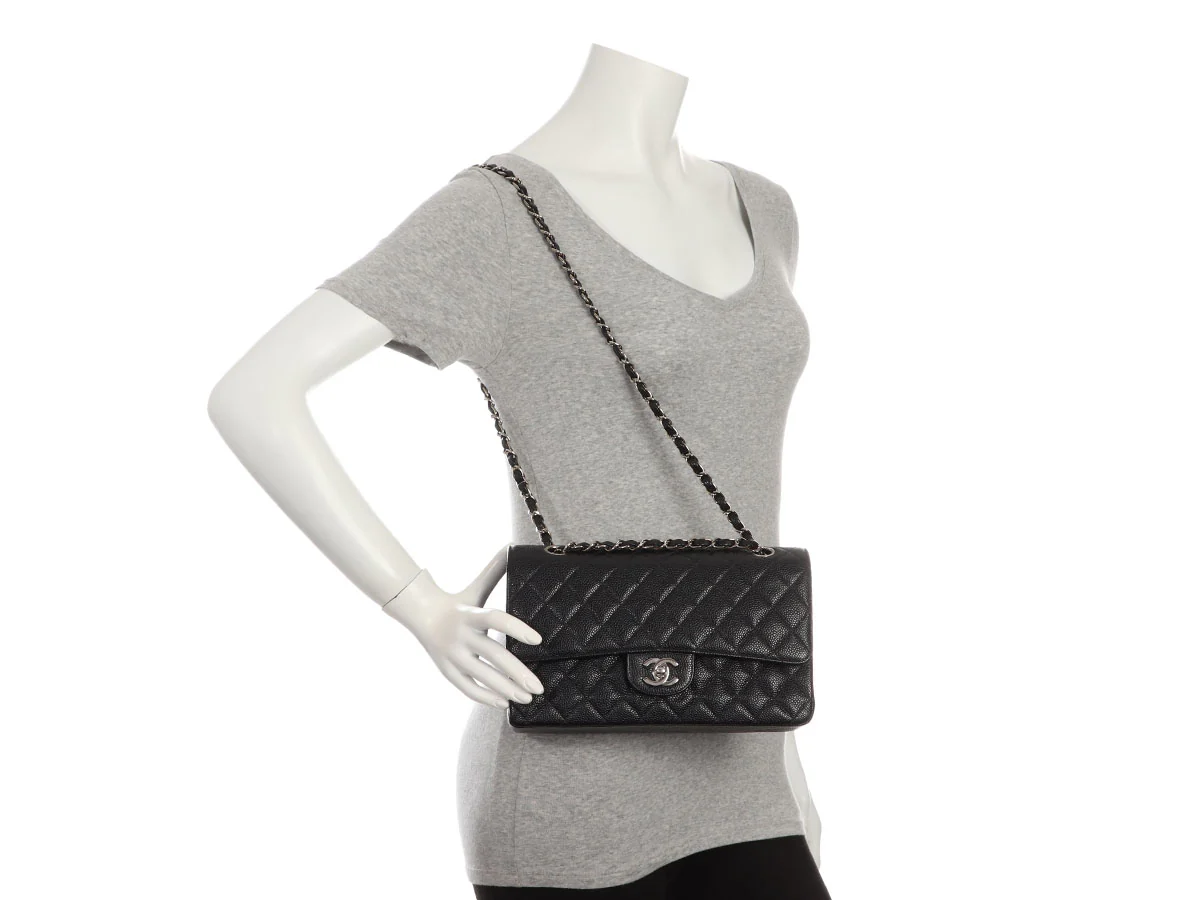 Chanel Medium/Large Black Quilted Caviar Classic Double Flap - Image 9