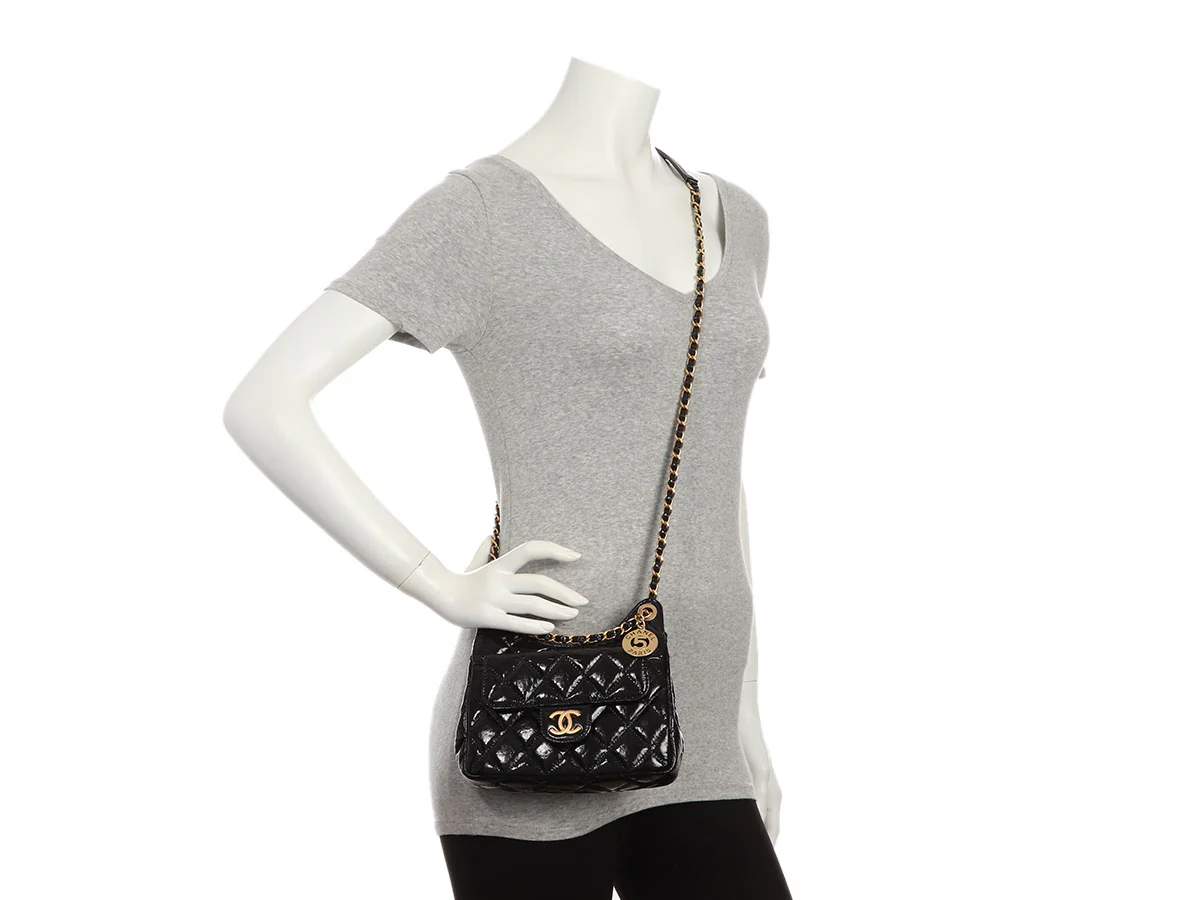 Chanel Small Black Quilted Shiny Calfskin Wavy CC Hobo - Image 11