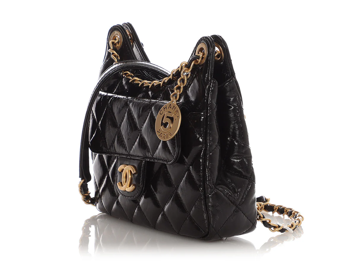 Chanel Small Black Quilted Shiny Calfskin Wavy CC Hobo - Image 5