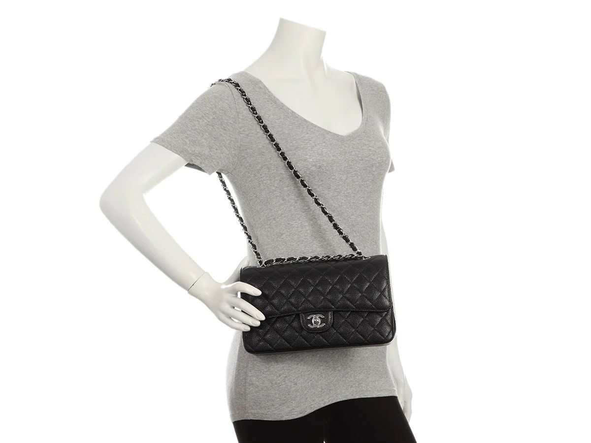Chanel Medium/Large Black Quilted Caviar Classic Double Flap - Image 10